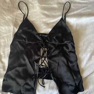 Black Zara spaghetti strap tank top, 3 tie in the front. brand new, never worn.